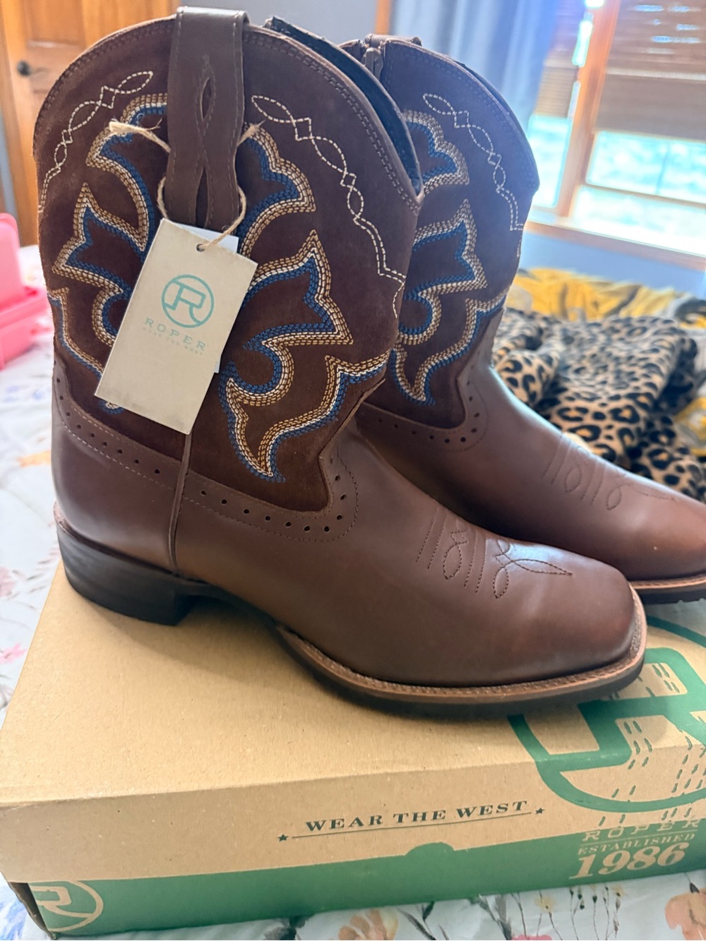 Roper Brown Leather Cowboy Boots with Blue & Cream Stitching